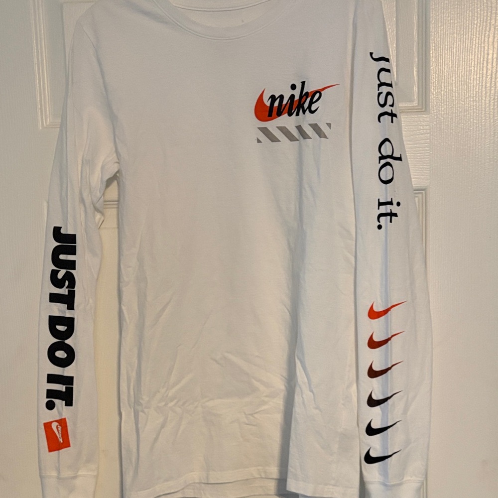 Unique JUST DO IT Nike White Long Sleeve Tee with Red and Black Accents